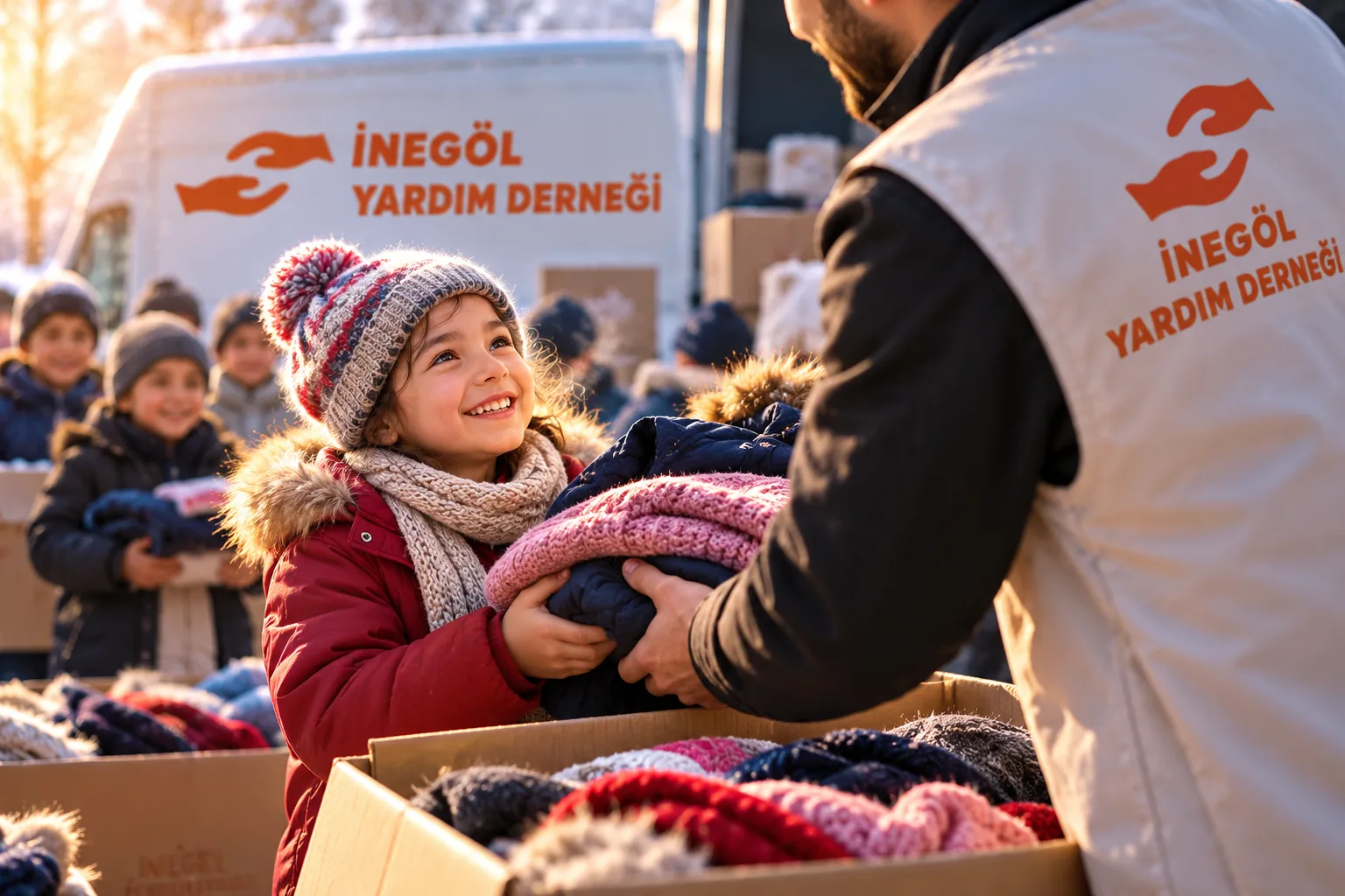 İnegöl Yardım Derneği’nin kışlık kıyafet kampanyasında çocuklara mont, atkı ve giysiler dağıtılıyor.
