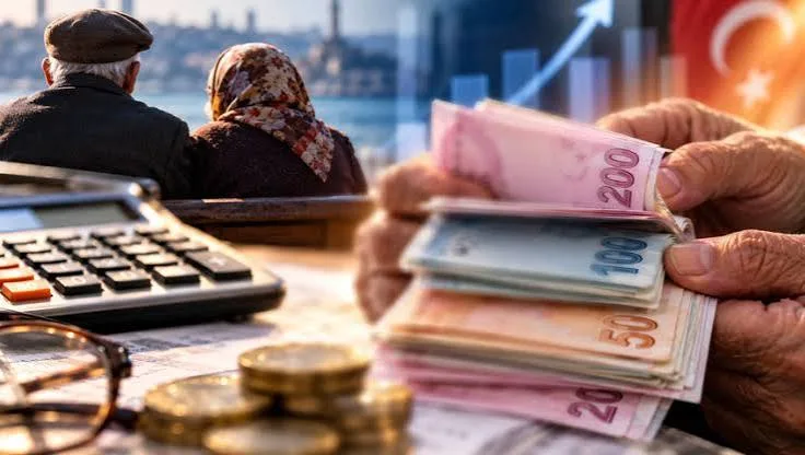 Emekli çifti, hesap makinesi, Türk lirası ve yükselen grafik eşliğinde yeni emeklilik modelini simgeliyor.